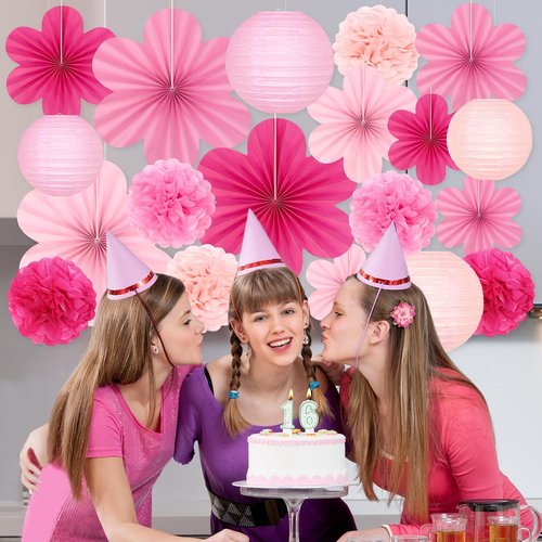 19 Pcs Pink Party Decorations - Light Hot Pink Lanterns, Paper Flowers & Tissue Pom Poms for Events