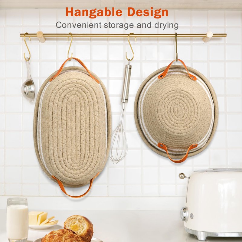 Reeple Banneton Sourdough Bread Proofing Basket Set of 2, Oval & Round Cotton Rope Bread Supplies Proofing Bowls with Liners and Covers for Sourdough Bread Baking