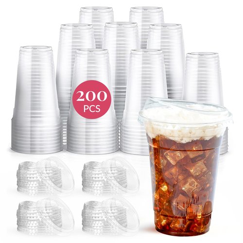 Prestee 200 Pack 16 oz Clear Plastic Cups - PET Plastic Cup Set for Weddings and Parties - Durable Disposable Cups for Drinks, Water, Beer and Cocktails - Clear and Crisp Party Glasses in Bulk