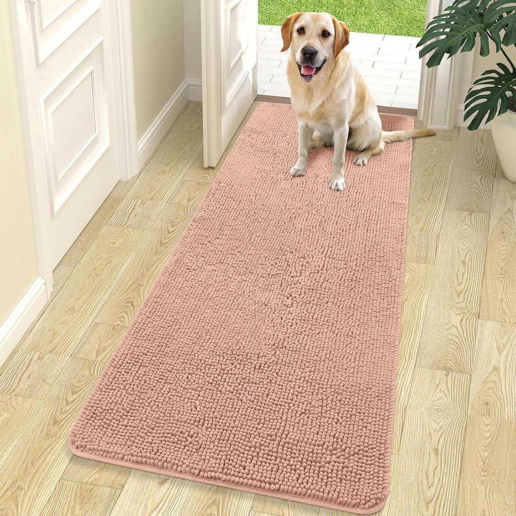 OLANLY Dog Door Mat - Absorbent Non-Slip Chenille for Muddy Paws | 70x24, Quick Dry Indoor Carpet, Peach