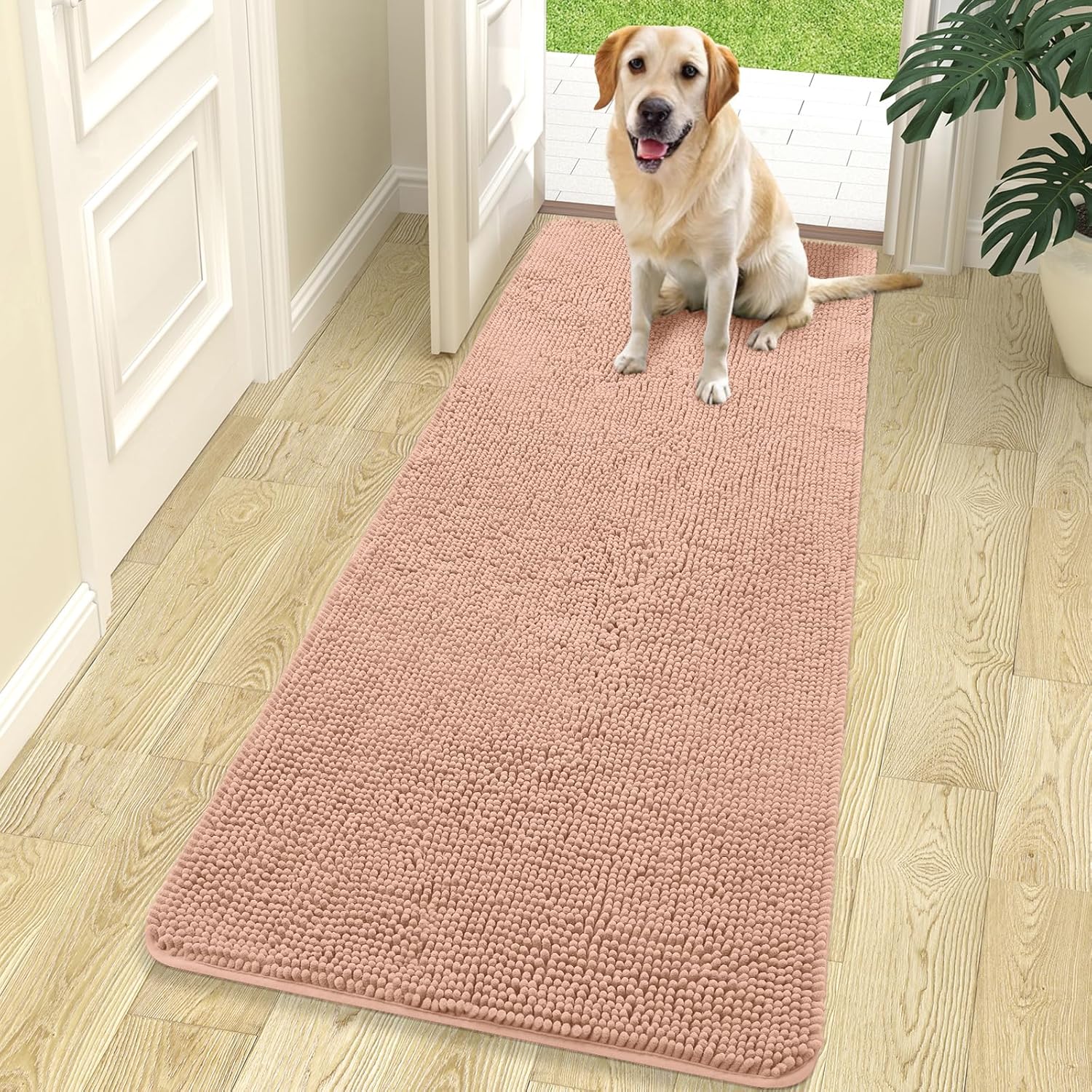 OLANLY Dog Door Mat - Absorbent Non-Slip Chenille for Muddy Paws | 70x24, Quick Dry Indoor Carpet, Peach