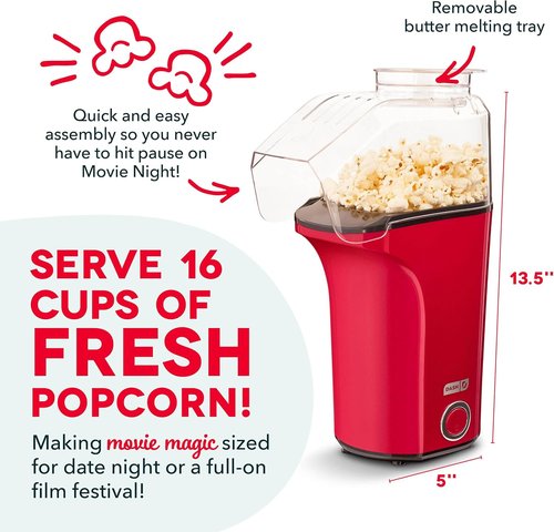 DASH Fresh Pop Popcorn Maker - Oil-Free Air Popper with Measuring Cup & Recipe Guide | 16 Cups, Red