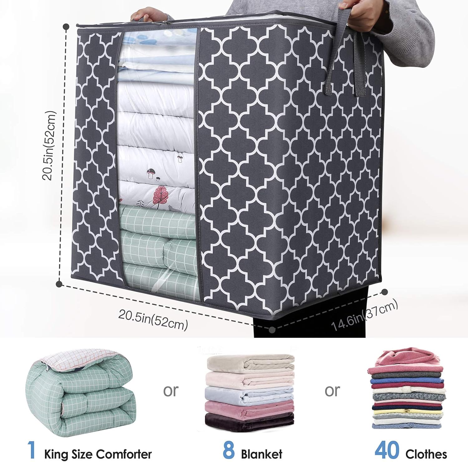 WISELIFE Storage Bags - Large 100L Blanket & Clothes Organizer | Foldable Design with Reinforced Handles, Clear Window, Gray