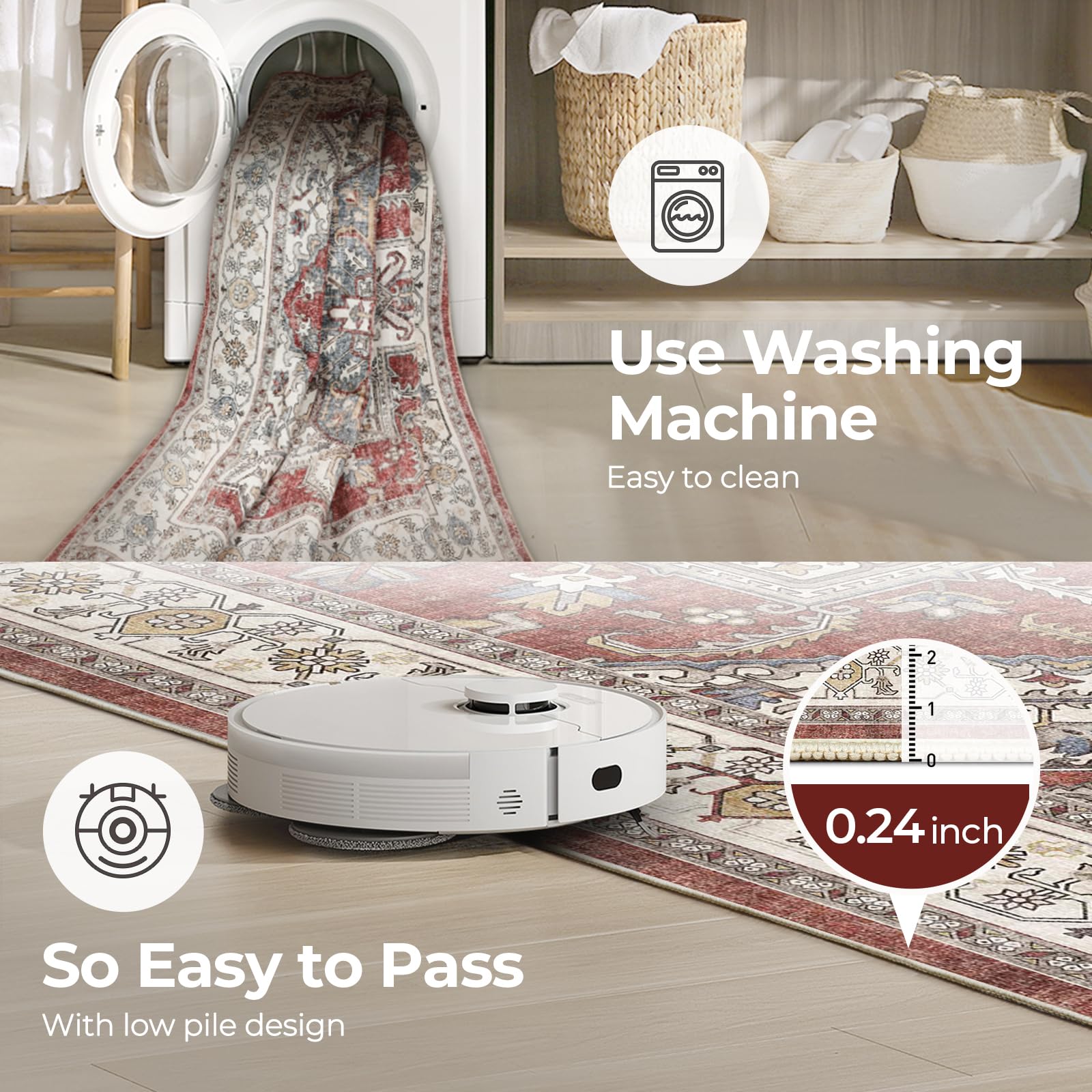 WITSHOCK Living Room Area Rugs 9x12: Washable Rug Boho Soft Non-Slip Low Pile Stain Resistant Foldable Carpet for Bedroom Playroom Dining Room Office Kitchen Farmhouse Home Decor Rug-Rust/Lvory