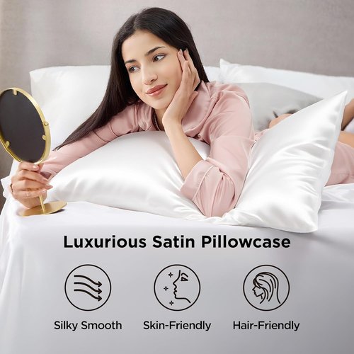 Bedsure Satin Pillowcase Set of 4 - Pure White Silky Pillow Covers for Hair & Skin | 20x26 Inches