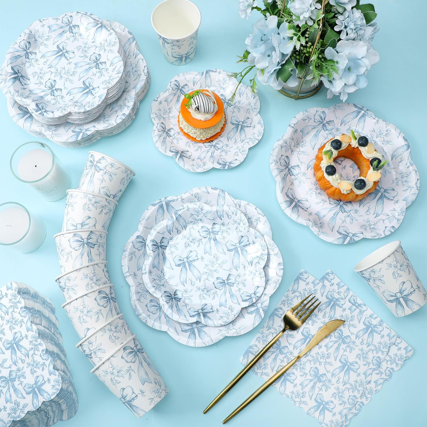 Newtay Disposable Tableware Set - 250 Pcs Blue Floral Plates & Napkins for 50 Guests | Perfect for Weddings & Showers