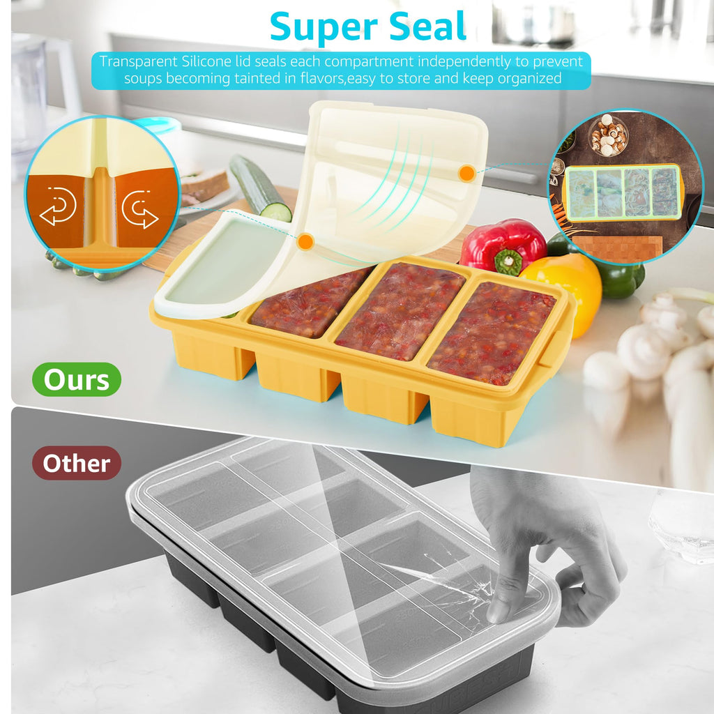 Ztomine Silicone Freezer Tray With Lid - Silicone Freezer Food Molds- Large Ice Cube Tray,Silicone Freezer Container,Freeze & Store Soup, Sauce, Broth,Leftovers - Makes 4 Perfect 1 Cup
