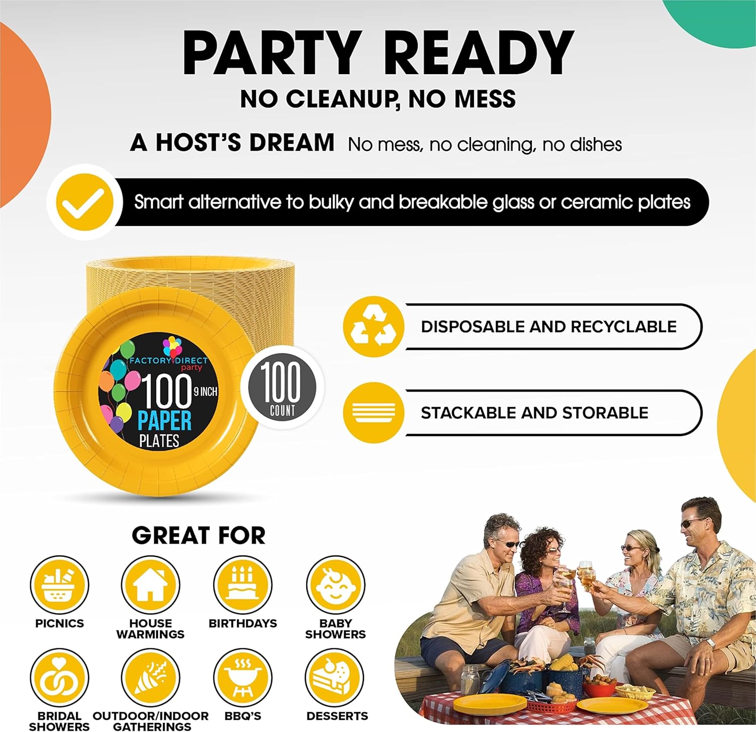 Skiennix Yellow Disposable Paper Plates - Heavy Duty 9-Inch, 100 Pcs for Parties & Birthdays