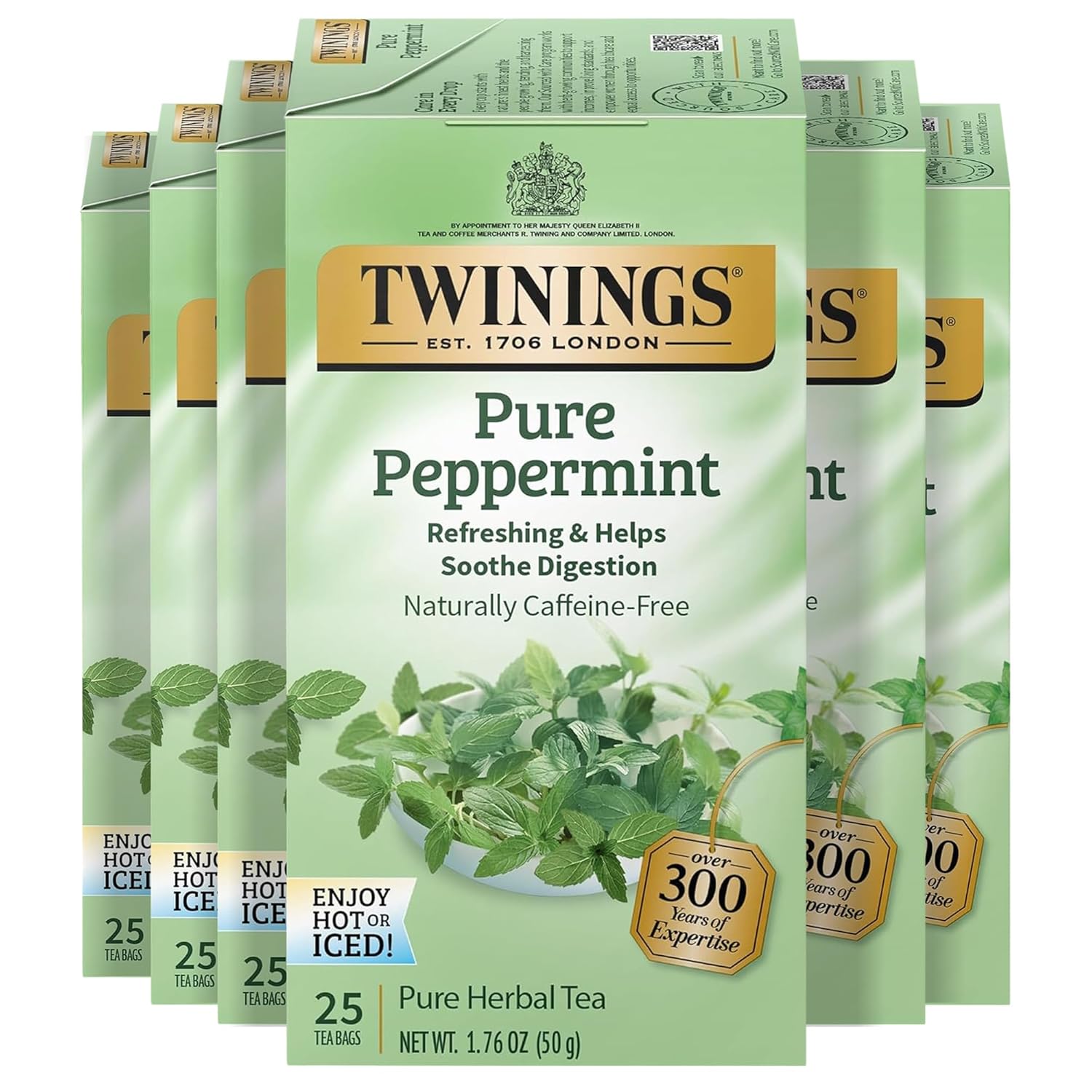 Twinings Pure Peppermint Herbal Tea - Individually Wrapped Bags, 25 Count | Caffeine-Free, Fresh Minty Flavor, Perfect Hot or Iced