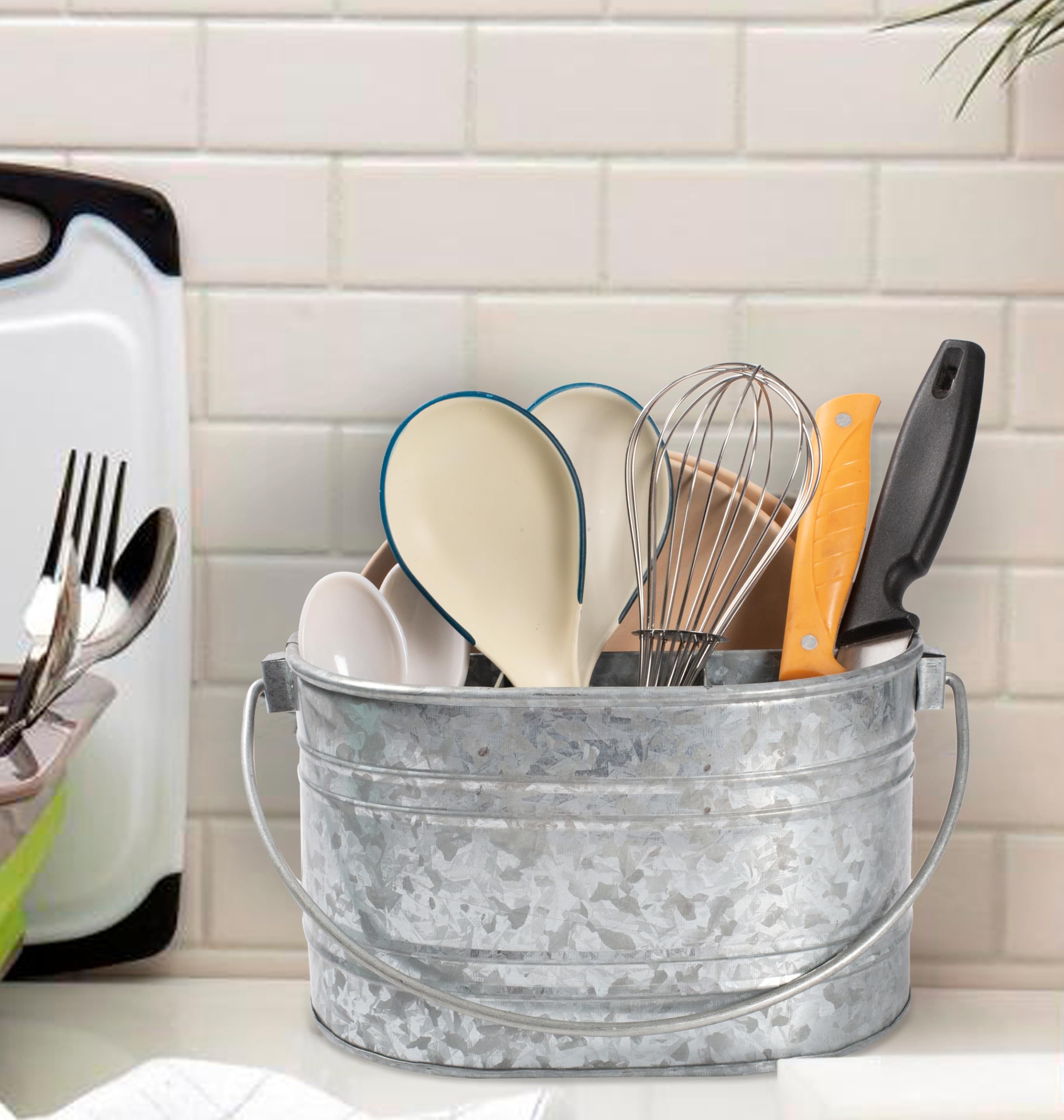 CLEENTABLE Galvanized Metal Caddy with Handle - Heavy Duty Utensil Holder & Cutlery Organizer, Rustic Farmhouse Tabletop Storage Bin for Kitchen, Picnic, BBQ, and Parties