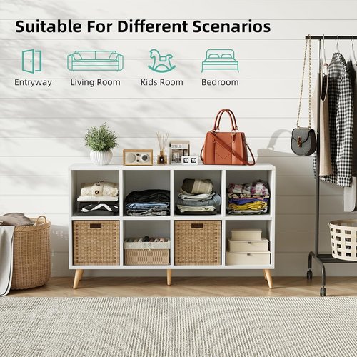 Flrrtenv 8-Cube Bookshelf - Modern 2-Tier Wood Storage Organizer | 47" Freestanding White Bookcase