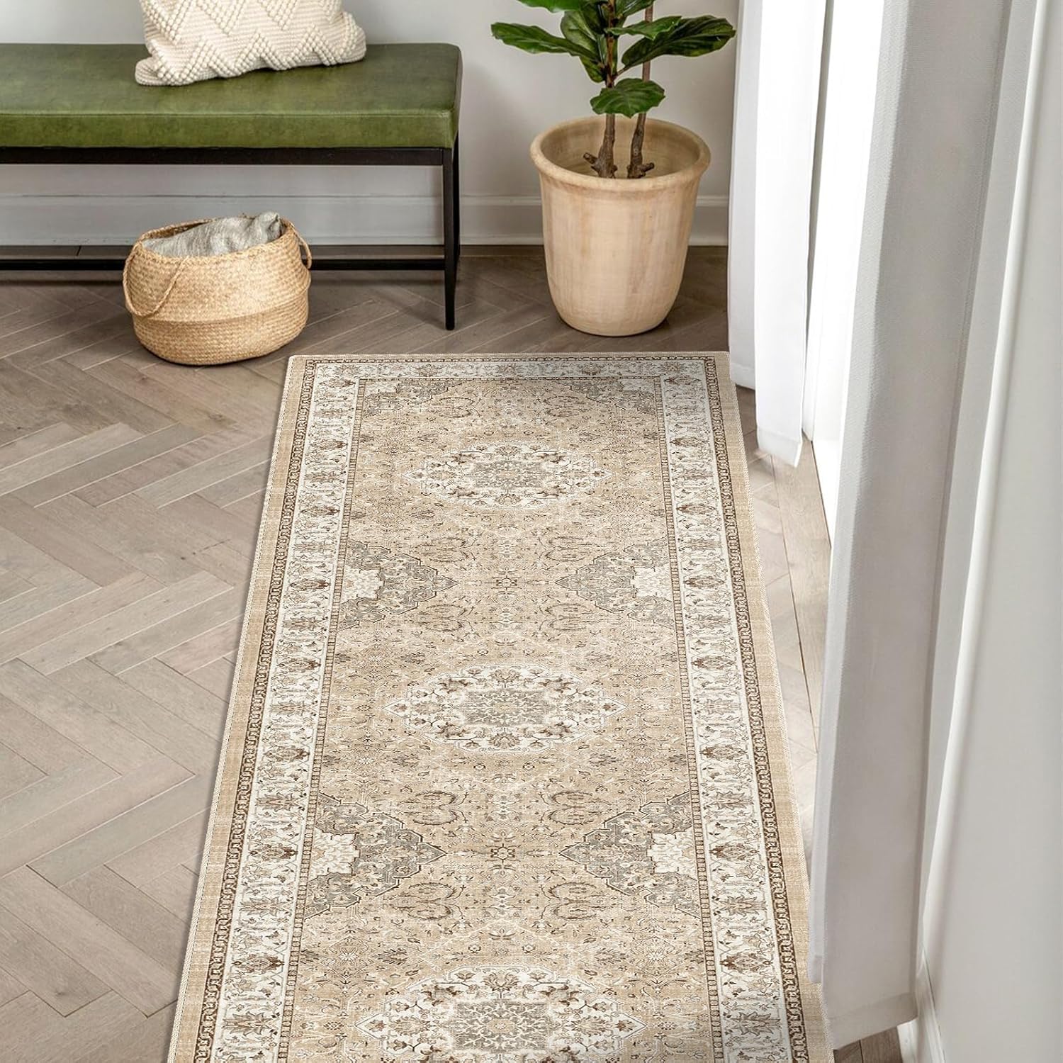 Skiennix Washable 2x8 Hallway Runner Rug - Vintage Water-Resistant, Ultra-Soft, Non-Slip | Beige