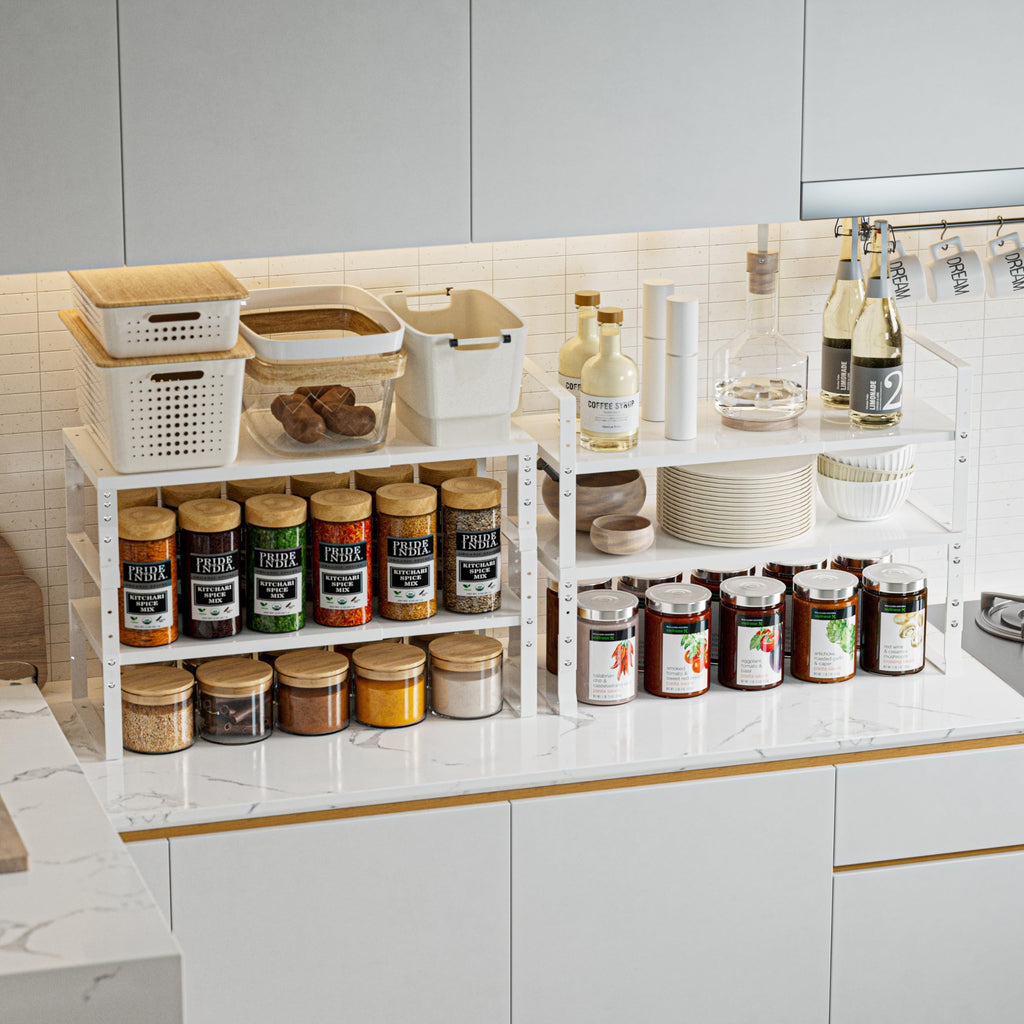 Jojocross Expandable,Stackable Spice Rack,Seasoning Organizer and Storage,Spices Jar Racks for Cabinet,Countertop, Metal Pantry, Cupboard,Laundry Storages,Heavy Duty(1 PACK/MEDIUM/WHITE)