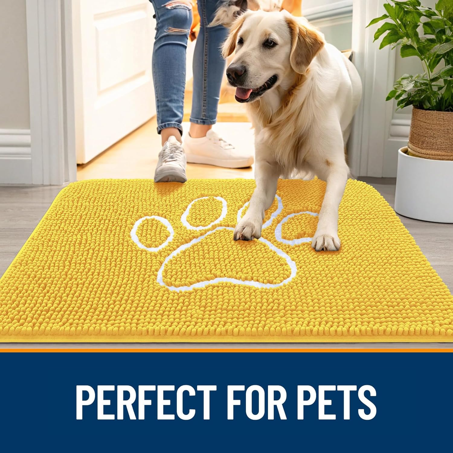 OLANLY Dog Door Mat - Absorbent Non-Slip Mud Mat for Paws | 36x24 Yellow Chenille Design