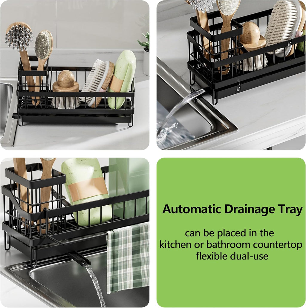 Skiennix Kitchen Sink Caddy Organizer - Rustproof Sponge Holder with Brush & Soap Dispenser | Multi-Functional Countertop Storage