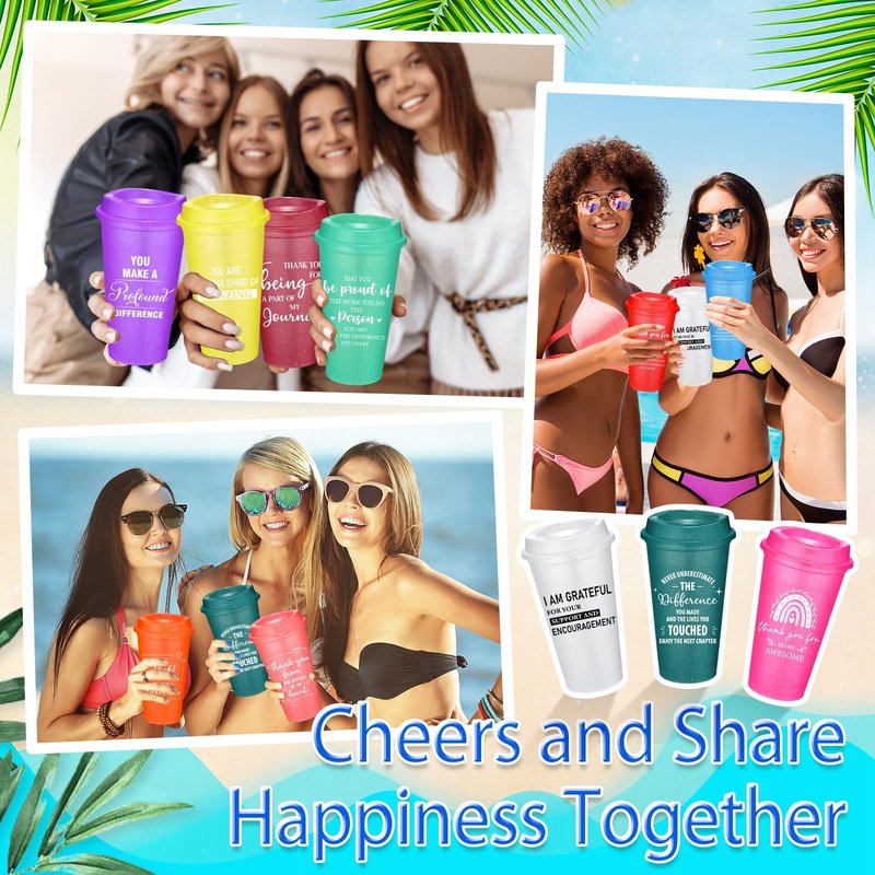 Skylety 96 Pcs Thank You Gifts 16 oz Coffee Cups Bulk Employee Appreciation Gift Inspirational Tumbler with Lid Reusable Plastic Coffee Cup for Coworker Staff Women Teacher (Classic Colors)