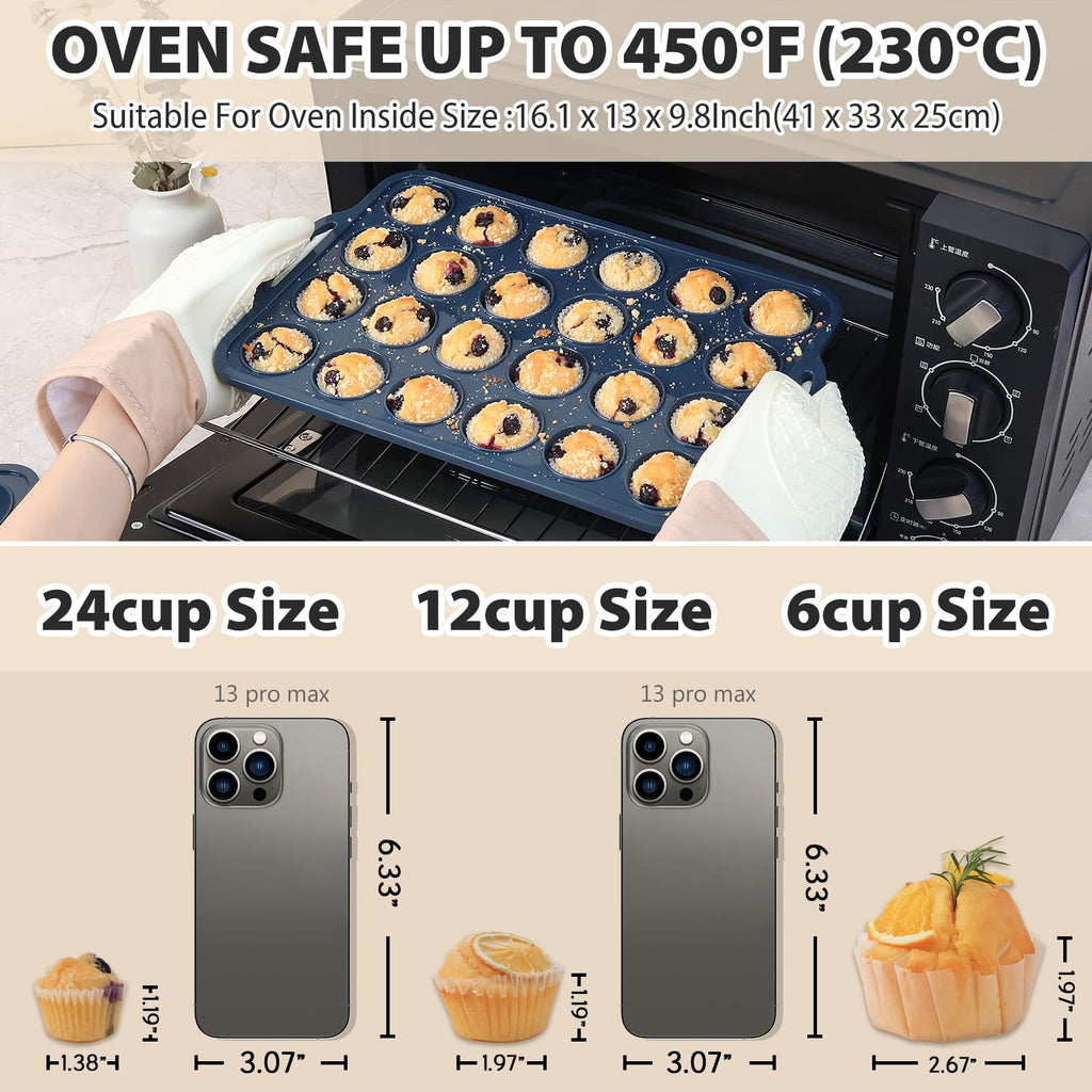 Vnray 2 Pack Mini Silicone Muffin Pan with Metal Frame, Non Stick Silicone Cupcake Pan with Handles 24 Cup, BPA Free Silicon Muffin Tin Tray Small for baking, egg bites, Cupcake Mold Grey