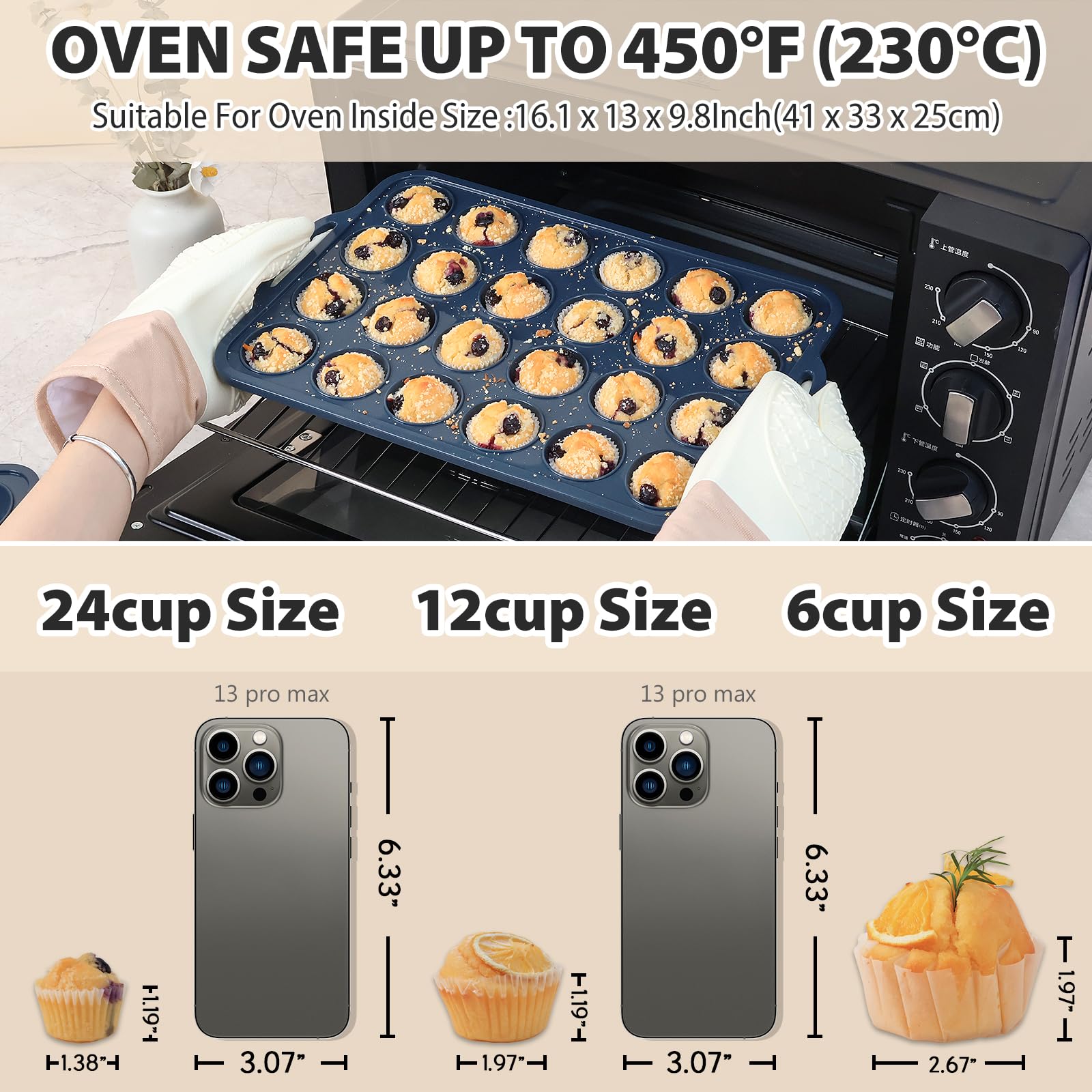 Vnray 2 Pack Mini Silicone Muffin Pan with Metal Frame, Non Stick Silicone Cupcake Pan with Handles 24 Cup, BPA Free Silicon Muffin Tin Tray Small for baking, egg bites, Cupcake Mold Grey