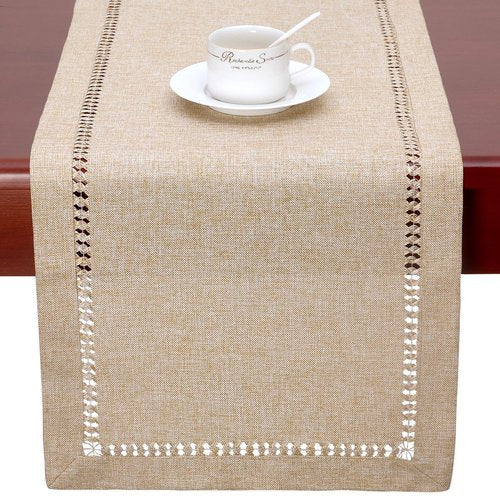 Grelucgo Handmade Hemstitch Beige Table Runner Or Dresser Scarf, Rectangular 14 by 36 Inch