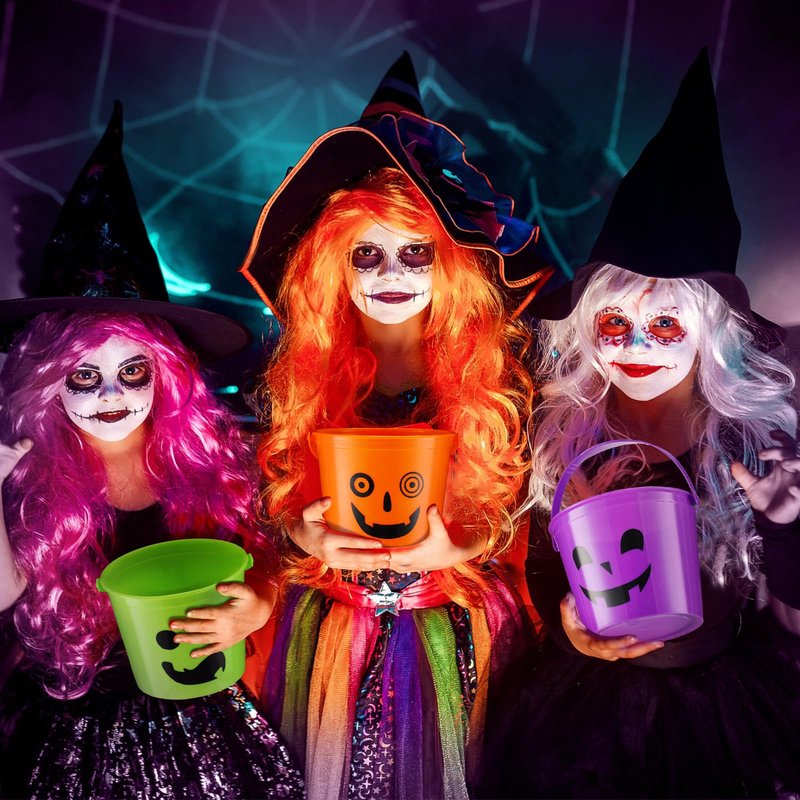 Jenaai 60 Pcs Halloween Plastic Buckets for Kids 5.71 x 4.53 x 4.53 Inch Halloween Trick or Treat Buckets Jack O Lantern Candy Basket Pumpkin Pail with Handle for Party Favor Supplies
