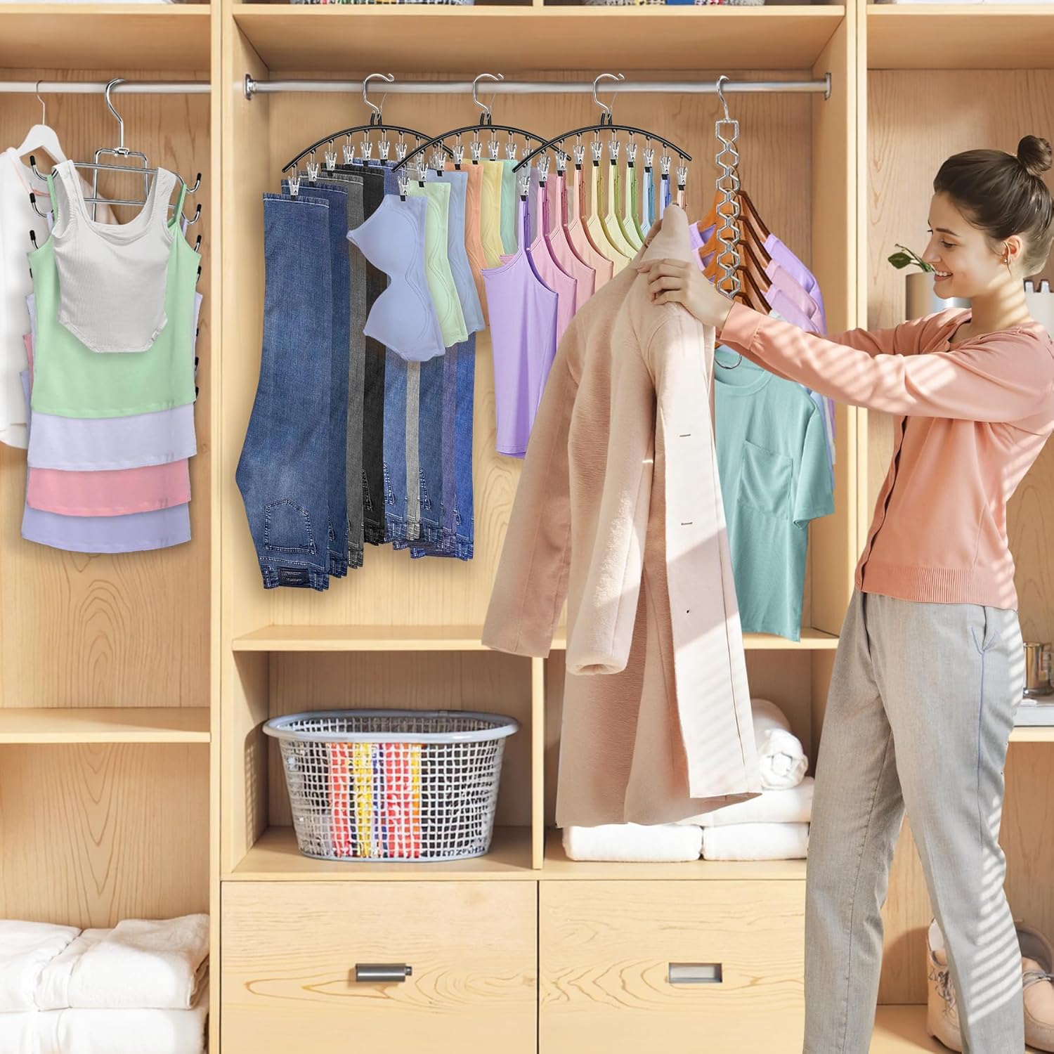 Skiennix Legging Organizer - 5 Pack Closet Hangers with 30 Clips & Tank Top Hanger | Space-Saving Storage