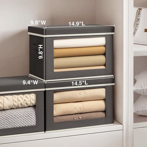 Homsorout Stackable Storage Bins - Medium Foldable Closet Organizers with Lids, 4-Pack, Dark Grey