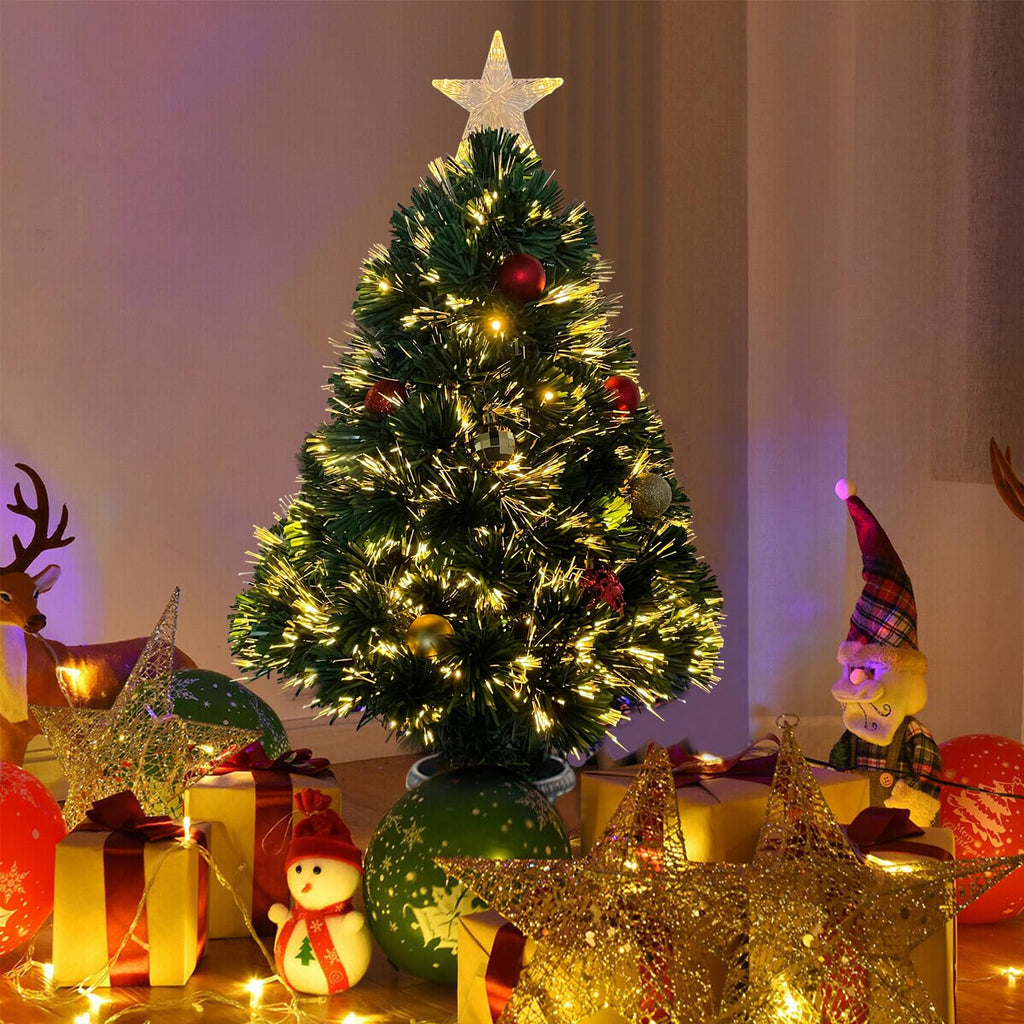 Joeoy 3Ft Pre-lit Optical Fiber Christmas Tree, Artificial Lighted Entrance Xmas Tree with Tree Topper Star and Hanging Ornaments Christmas Decorations for Yard Front Door Entryway