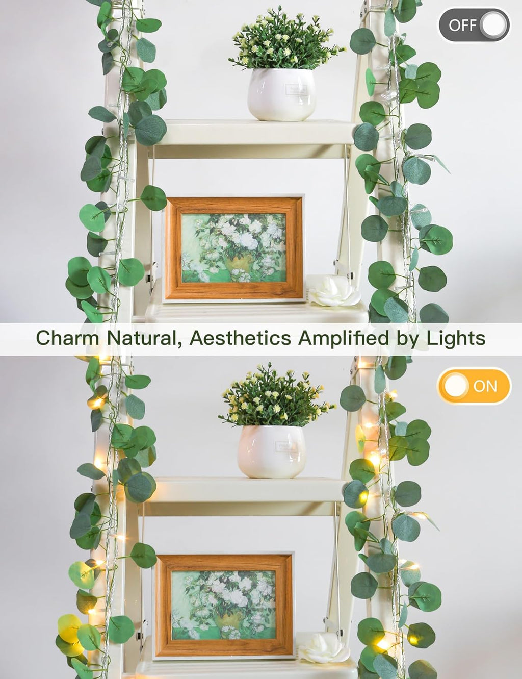 Suddus Eucalyptus Garland String Lights - 33ft 100 LED Plug-In with Remote | Warm White for Bedroom, Garden, Party Decor
