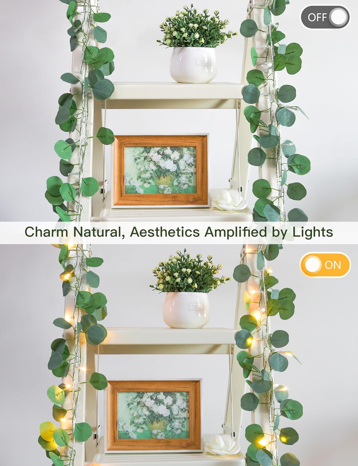 Suddus Eucalyptus Garland String Lights - 33ft 100 LED Plug-In with Remote | Warm White for Bedroom, Garden, Party Decor