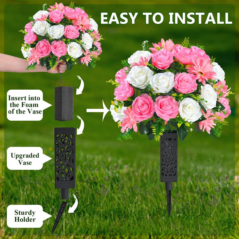 Yastouay 3 Sets Artificial Cemetery Flowers for Grave with Vase, Grave Decorations for Cemetery with Rose Carnation Flowers for Memorial Cemetery Grave Tombstone Decorations