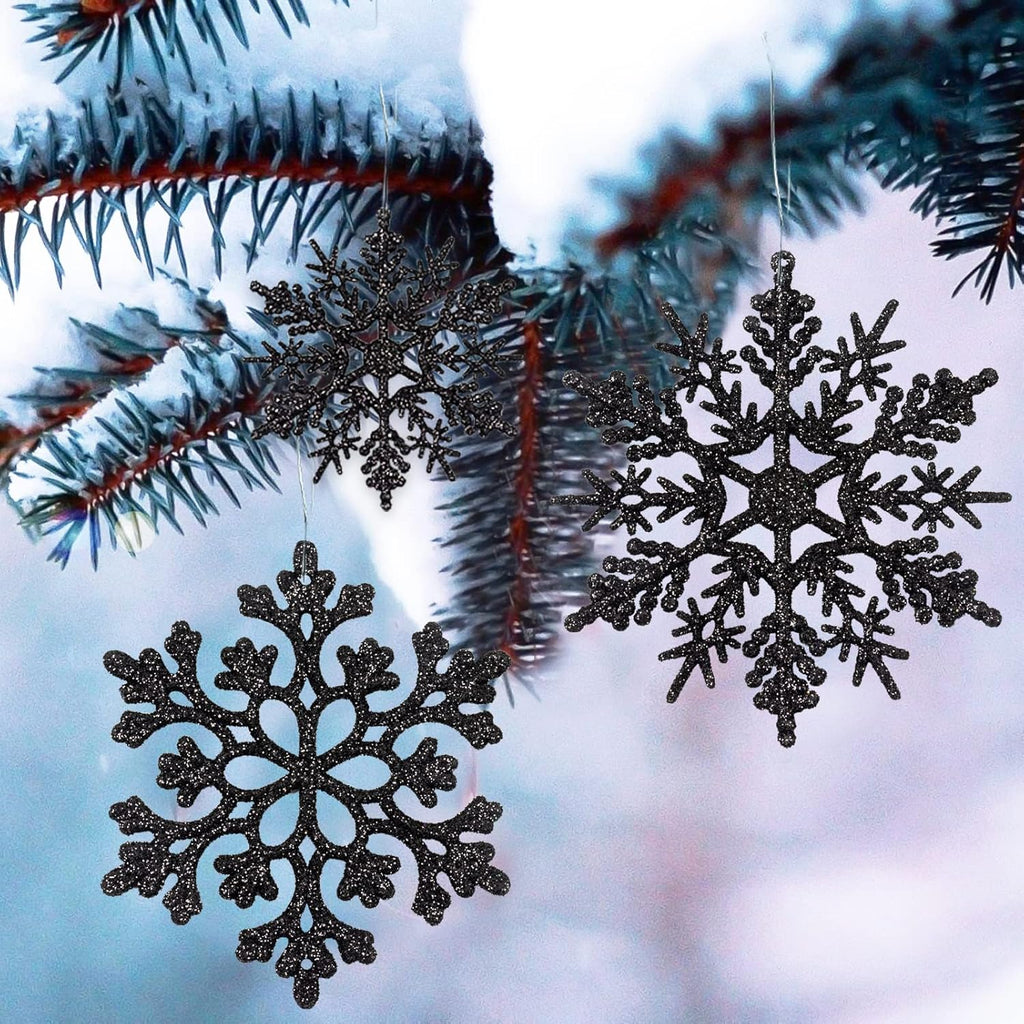 Skiennix 36-Piece Black Christmas Snowflake Ornaments - Glittery Hanging Decor for Winter Wonderland