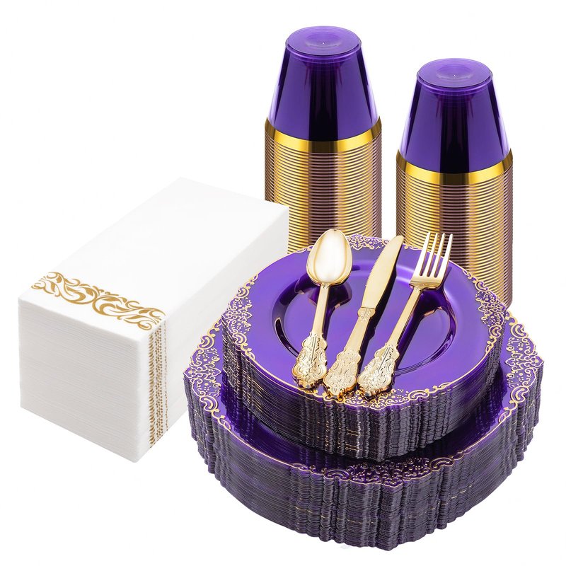 Bestluck 175PCS Clear Purple Plastic Plates for 25 Guests, Disposable Plates with Gold Trim include 25 Dinner Plates, 25 Dessert Plates, 75 Gold Silverware, 25 Cups, 25 Napkins for Party, Wedding