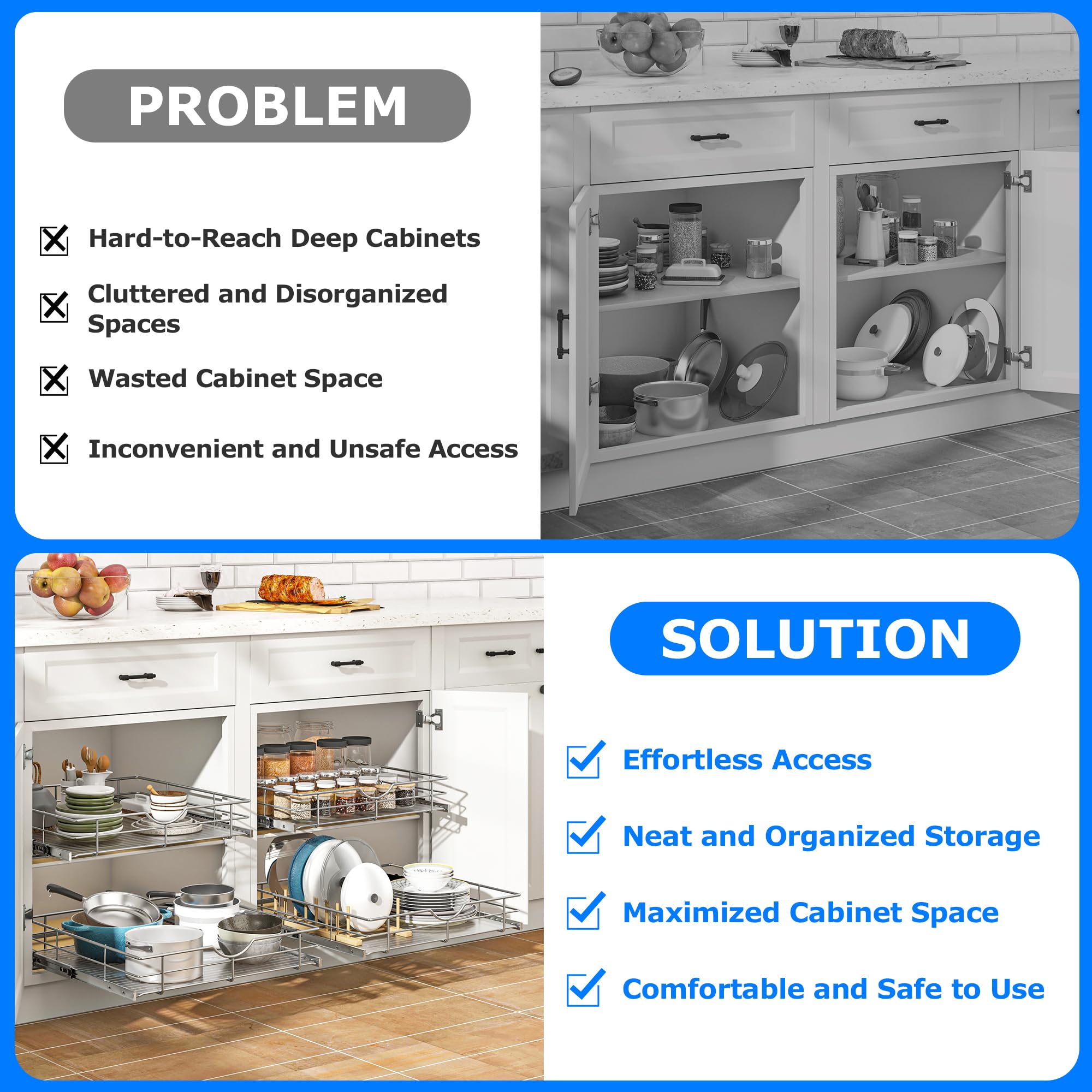 WelFurGeer Soft Close Slide Out Cabinet Shelf, 23" W x 22" D Pull Out Drawers for Kitchen Cabinets, Kitchen Shelf Organizer, Cupboard Organizers and Storage, Under Cabinet Pull Out Shelves