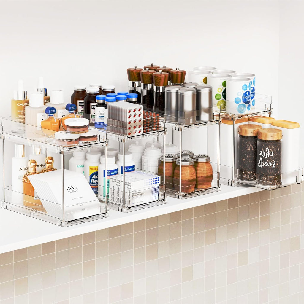 Yieach 4-Piece Bathroom Organizer Set - 2-Tier Clear Under Sink Storage & Pull-Out Drawers for Kitchen & Pantry