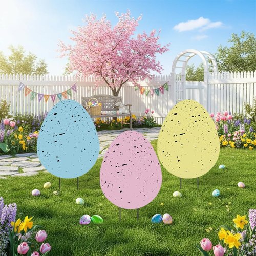 DoubleFill 3 Pcs Easter Decorations - 3D Metal Tulip & Bunny Garden Stakes for Spring Lawn Decor