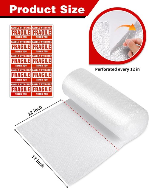 Bubble Cushioning Wrap Rolls - 2-Pack Perforated 3/16" x 17" x 72' for Safe Shipping | Includes 20 Fragile Stickers