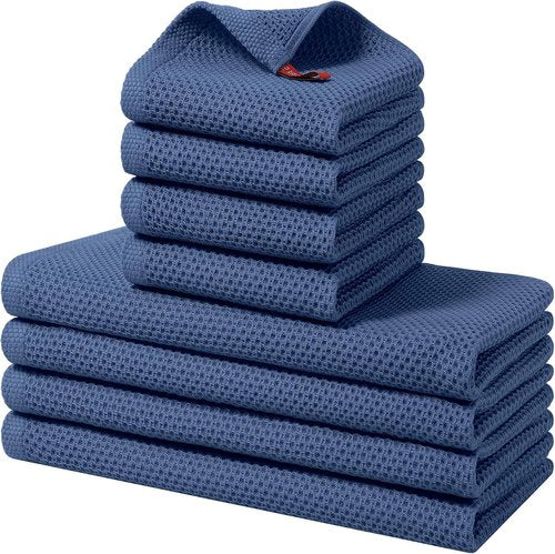 Homaxy Kitchen Towels Set - Ultra Soft 100% Cotton Dishcloths | 8-Piece Set in Navy Blue, 12x12 & 13x28 Inches