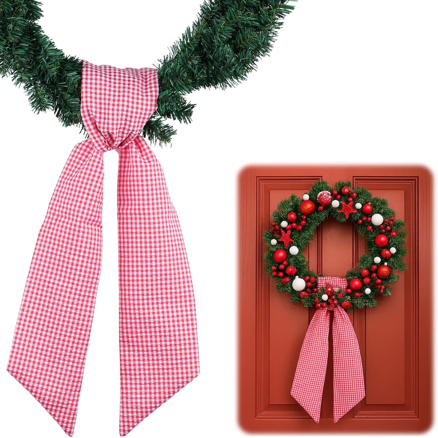 Skiennix Red White Gingham Wreath Sash - 5.12" Wide x 54.33" for Holiday Door Decor