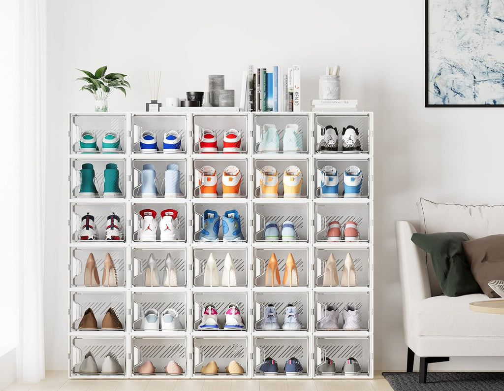 Skiennix X-Large Shoe Organizer - 12 Pack Clear Plastic Stackable Storage Boxes for Size 13