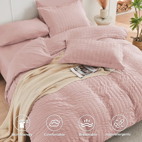 HYMOKEGE Rose Gold Queen Comforter Set - 7-Piece All-Season Luxury Bedding Set with Sheets & Pillowcases