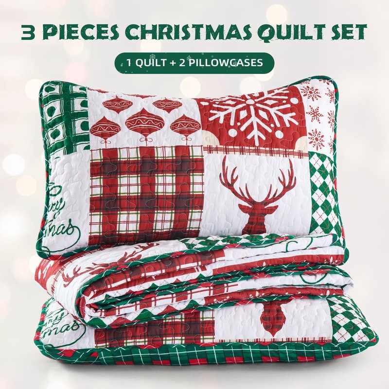WONGS BEDDING Christmas Quilt Set Queen Size, Reversible Christmas 3-Piece Bedspread Set with Elk Snowflake Pattern, Soft and Lightweight Plaid Quilt Coverlet Bed Set for All Season(96"×90“)