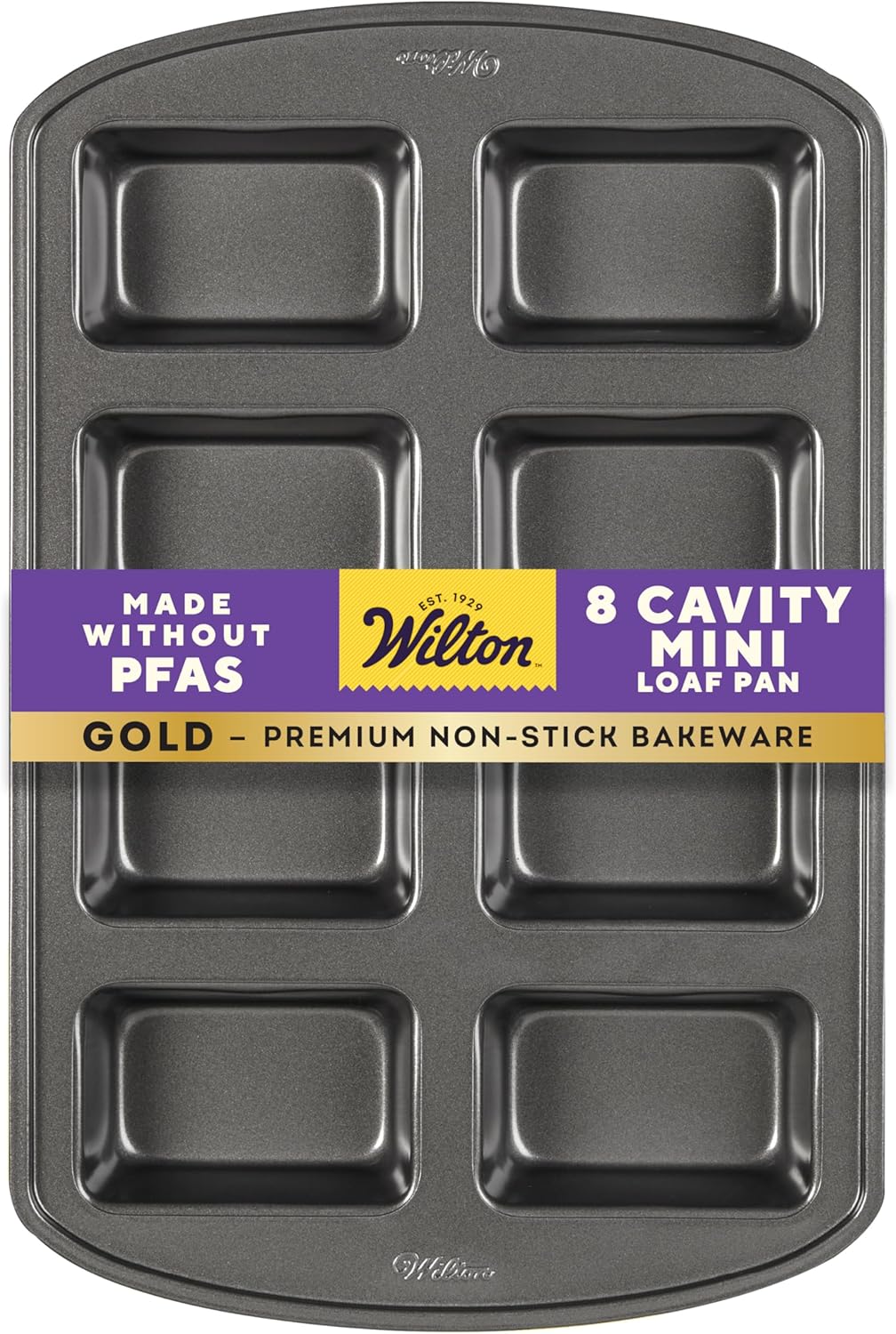 Wilton Gold Non-Stick Mini Loaf Bakeware Pan - Perfect for Banana Breads & Cakes - 15 x 10 x 1.6 Inch, 8 Cavity - PFAS-Free