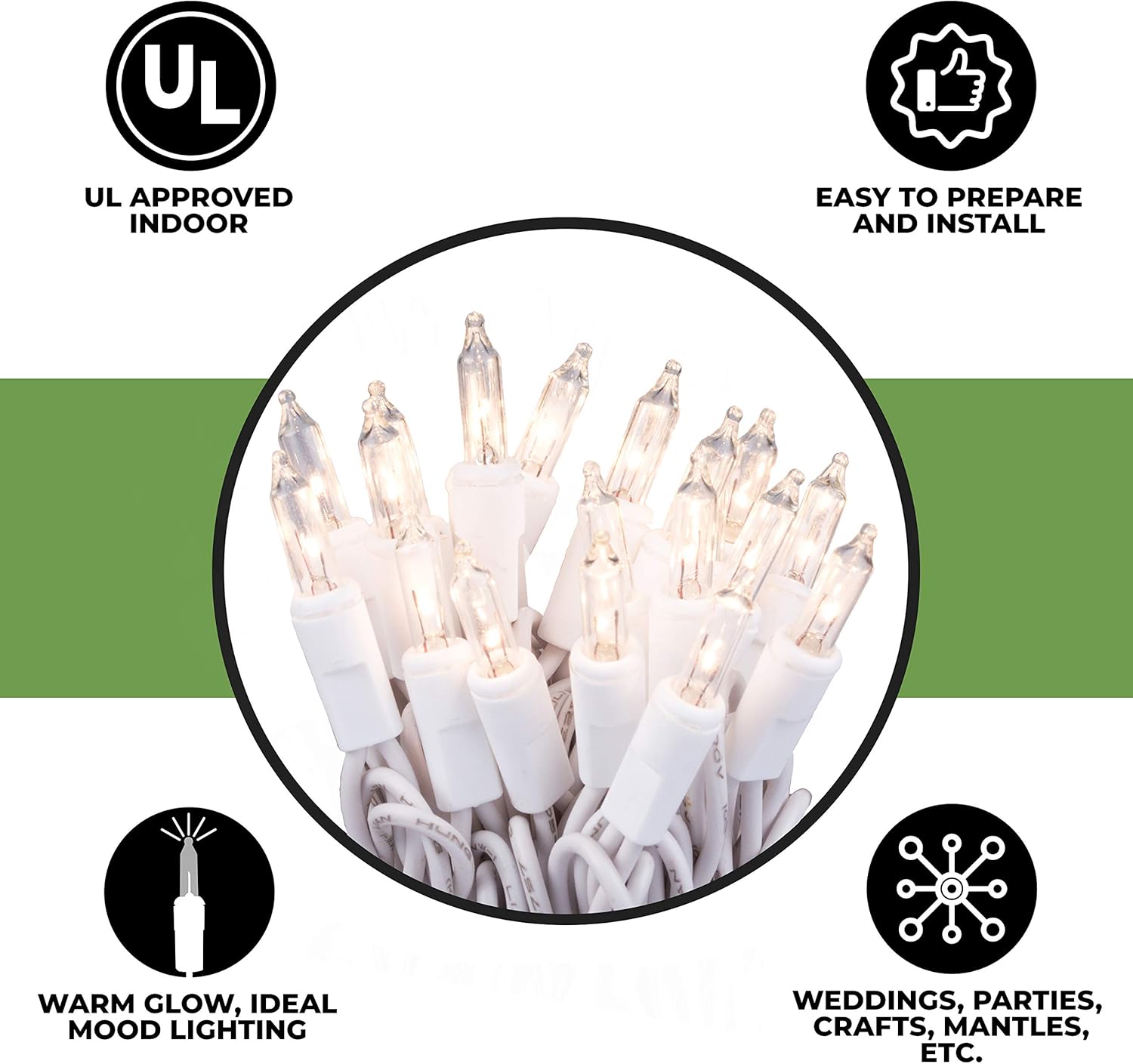 612 Vermont Christmas String Lights - 35 Count Clear Bulbs on White Wire | UL Approved, 7.5 Ft Total Length