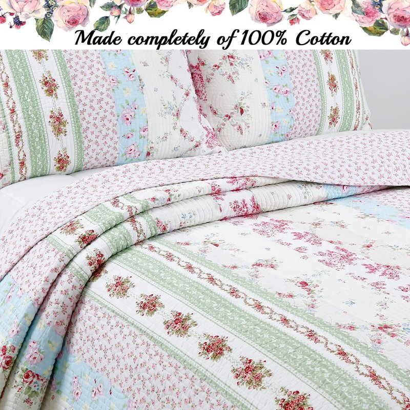 100% Cotton 3 Piece Queen Quilt Bedding Set, Wild Rose Floral Striped Reversible Coverlet, Bedspread