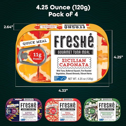 Freshé Gourmet Canned Tuna Variety Pack - Healthy High-Protein Skipjack Fish | All-Natural, Non-GMO, Gluten-Free, Ready-to-Eat Meal (4 Pack)