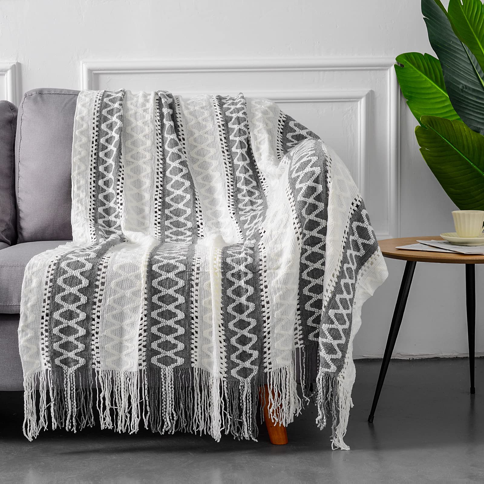 Quinnsus Knit Soft Lightweight Decorative Bed Throw Blankets, Jacquard Textured Boho Summer Throw Blanket with Tassels for Bed, Sofa and Living Room (Grey, 50 x 60 inches)