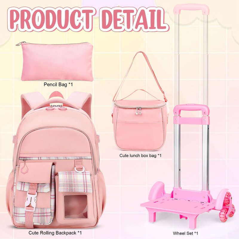 Joceiae Cute Rolling Backpack for Girls, Rolling Wheeled School Bag for Backpack
