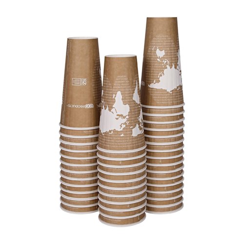 ECO PRODUCTS Compostable Disposable Insulated World Art 20oz Large Coffee Cups, Pack of 40, Renewable Double-wall Hot Paper Cup, Plant Based PLA Lining, No Sleeves Needed, Lid Available, Color Coded