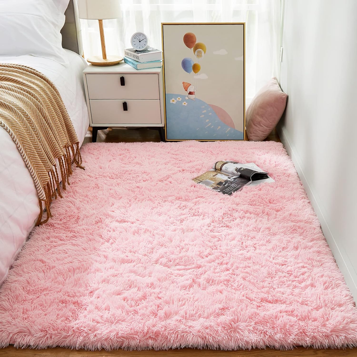 Ophanie Pink Shag Area Rug - Soft, Fluffy, Kawaii Design | 4x6 Carpet for Girls' Bedroom Decor