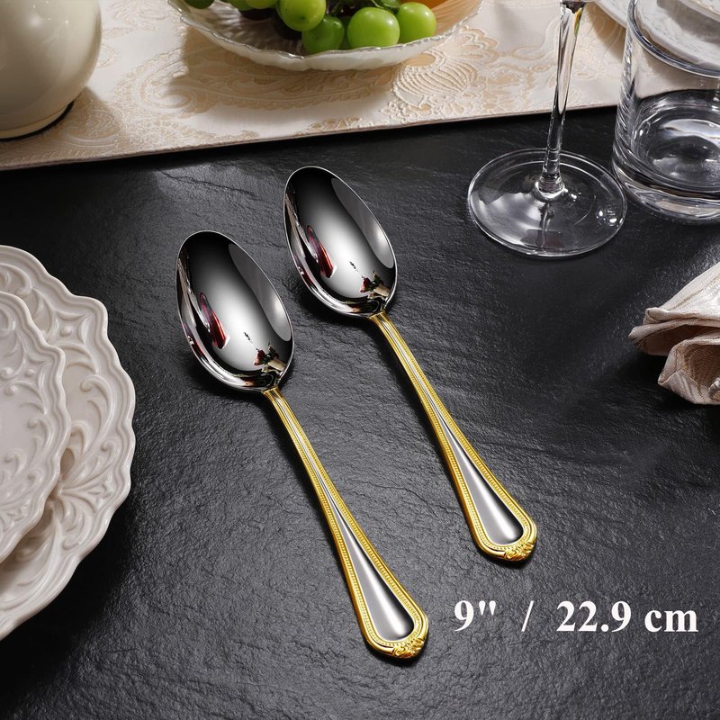 KEAWELL Pearl Edge Premium Serving Spoon Set, 18/10 Stainless Steel, 9" Fine Hostess Utensils with Refined Bead Design, Brightly Polished, Gold Accent, Dishwasher Safe (Hostess Serving Set)